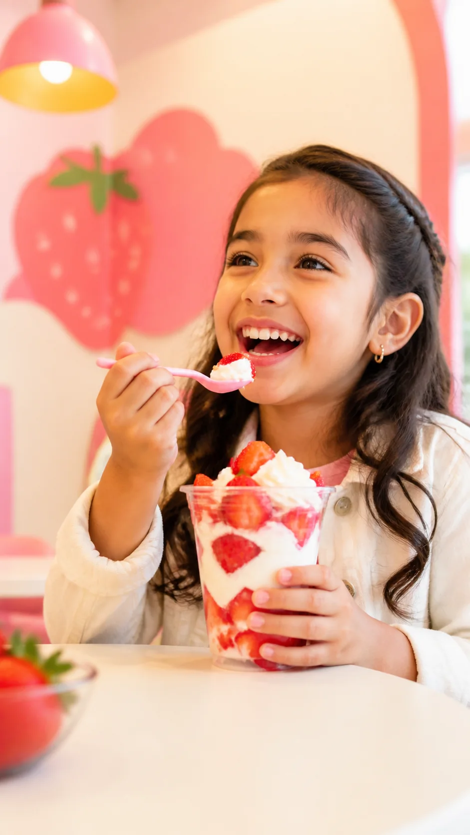 Niña disfrutando un vaso de fresas con crema